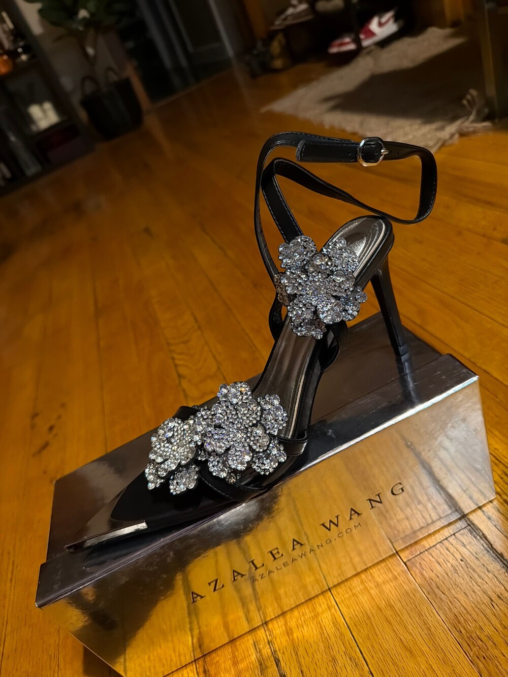 Azalea Wang Black High Heel Sandals Rhinestone Floral Embellished - Picture 3 of 5